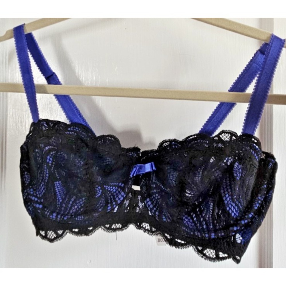 NWT Adore me Balconette bra blue Sz 30DDD black lace blue